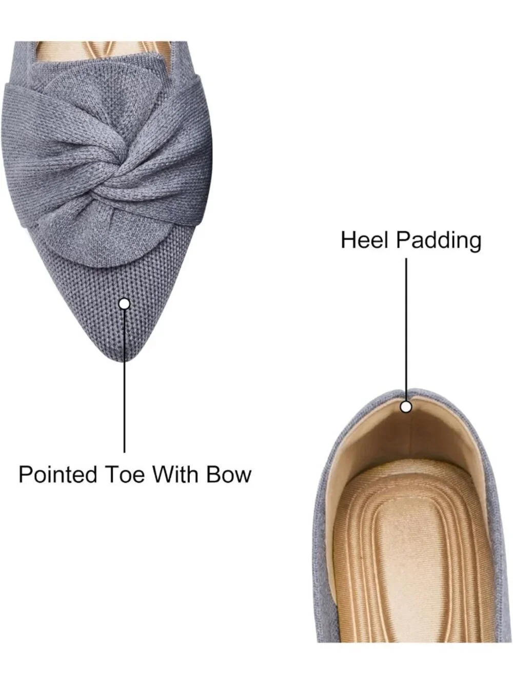 Women's Grey Pointed Toe Ballet Flats with Bow Comfortable Knit Dressy Shoes